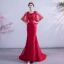 Chic / Beautiful Burgundy Evening Dresses  2020 Trumpet / Mermaid Scoop Neck Beading Sequins Lace Flower 1/2 Sleeves Backless Sweep Train Formal Dresses