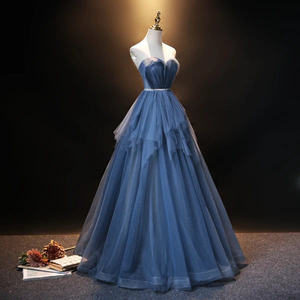 Fashion Ocean Blue Prom Dresses 2021 A-Line / Princess Strapless Rhinestone Sash Sleeveless Backless Floor-Length / Long Formal Dresses