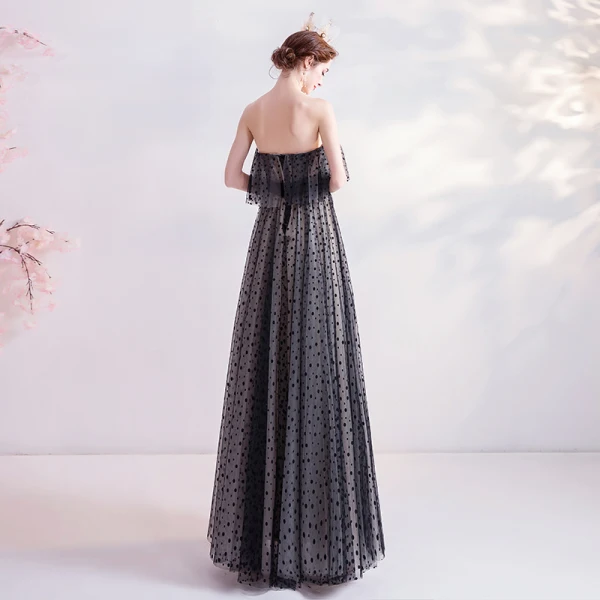 Chic / Beautiful Black Homecoming Spotted Graduation Dresses 2020 A-Line / Princess Strapless Sleeveless Backless Floor-Length / Long Formal Dresses