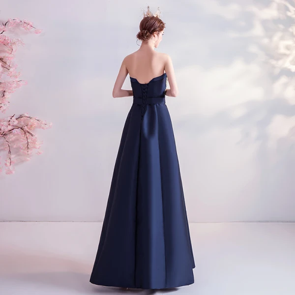 Vintage Marineblau Abendkleider 2020 A Linie Bandeau Strass Spitze Blumen Schleife Ärmellos Rückenfreies Lange Festliche Kleider