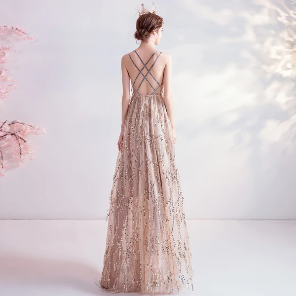 Fashion Gold Evening Dresses 2020 A-Line / Princess Spaghetti Straps Sequins Tassel Sleeveless Backless Floor-Length / Long Formal Dresses