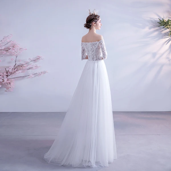 Affordable White Wedding Dresses 2020 A-Line / Princess Off-The-Shoulder Lace Flower 1/2 Sleeves Backless Floor-Length / Long Wedding