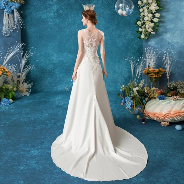 Abordable Ivoire Robe De Mariée 2020 Princesse Encolure Dégagée Perlage Cristal Perle En Dentelle Fleur Sans Manches Train De Balayage