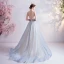 Charmant Bleu Ciel Robe De Bal 2020 Princesse Bretelles Spaghetti Perlage Perle Faux Diamant En Dentelle Fleur Sans Manches Dos Nu Train De Balayage Robe De Ceremonie