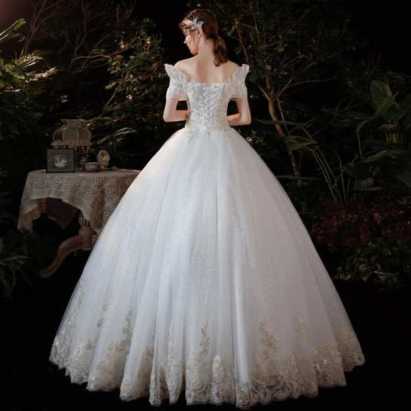 Affordable Ivory Glitter Sequins Wedding Dresses 2021 Ball Gown Off-The-Shoulder Lace Flower Short Sleeve Backless Floor-Length / Long Wedding