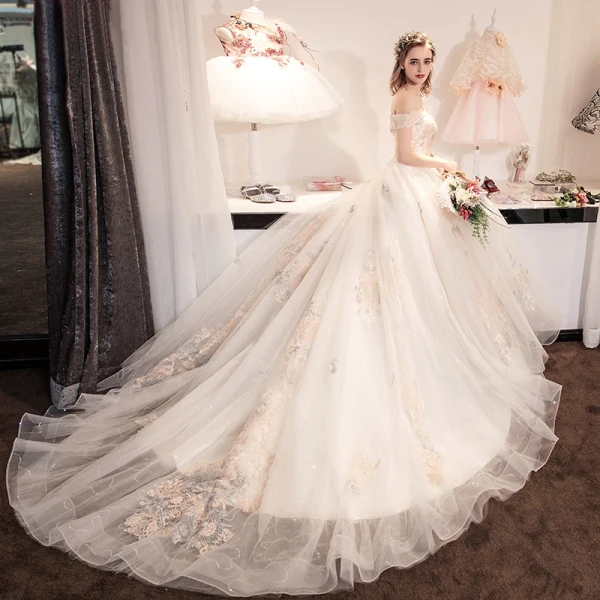 Chic / Beautiful Champagne Wedding Dresses 2018 A-Line / Princess Glitter Lace Flower Rhinestone Off-The-Shoulder Backless Sleeveless Cathedral Train Wedding