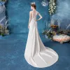 Affordable Ivory Wedding Dresses 2020 Trumpet / Mermaid Scoop Neck Lace Flower Sleeveless Backless Court Train