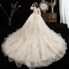 Luxury / Gorgeous Champagne Plus Size Wedding Dresses 2021 Ball Gown V-Neck Beading Sequins Lace Flower 3/4 Sleeve Backless Royal Train Wedding