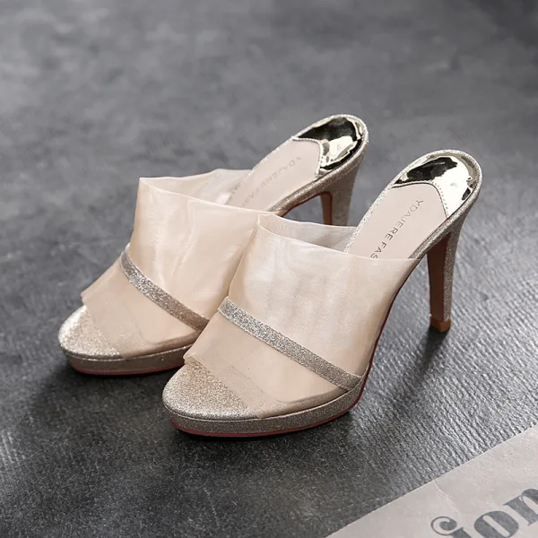 Fashion Gold Street Wear Womens Sandals 2020 Glitter Sequins 9 cm Stiletto Heels Open / Peep Toe Sandals