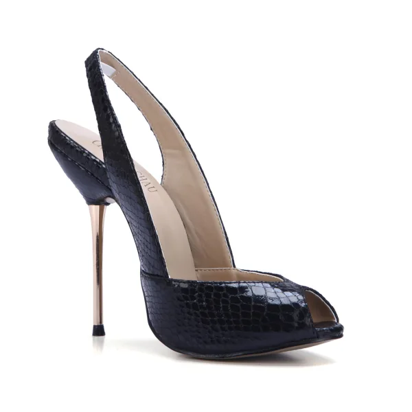 Chic / Beautiful Black Street Wear Slingbacks Womens Sandals 2020 Snakeskin Print 11 cm Stiletto Heels Open / Peep Toe Sandals