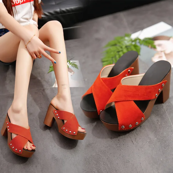 Römisch Schwarz Freizeit Niet Sandalen Damen 2020 5 cm Thick Heels Peeptoes Sandaletten
