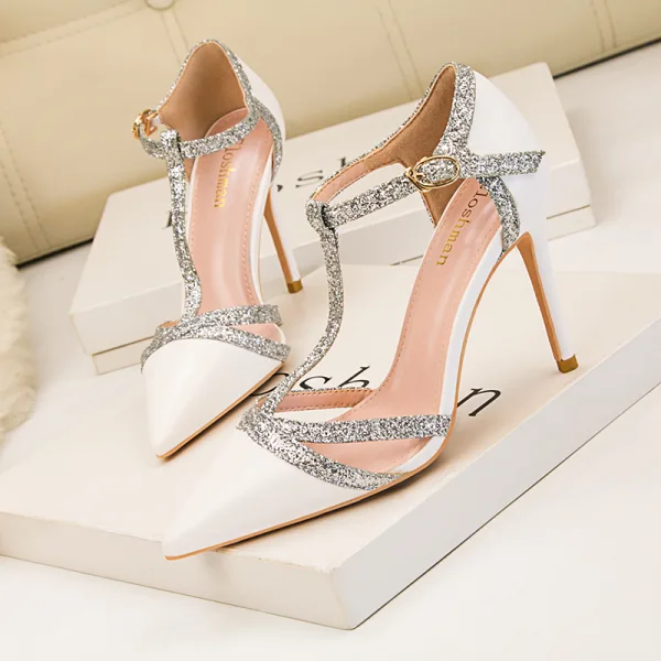 Fashion Nude Evening Party Womens Sandals 2020 Sequins T-Strap 11 cm Stiletto Heels Pointed Toe Sandals