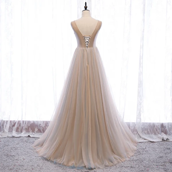 Charming Champagne Evening Dresses 2020 A-Line / Princess V-Neck Beading Pearl Rhinestone Sequins Lace Flower Sleeveless Backless Floor-Length / Long Formal Dresses