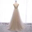 Charming Champagne Evening Dresses  2020 A-Line / Princess V-Neck Beading Pearl Rhinestone Sequins Lace Flower Sleeveless Backless Floor-Length / Long Formal Dresses