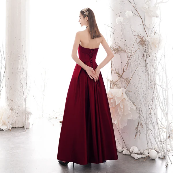 Elegant Burgundy Evening Dresses 2020 A-Line / Princess Strapless Sleeveless Backless Floor-Length / Long Formal Dresses