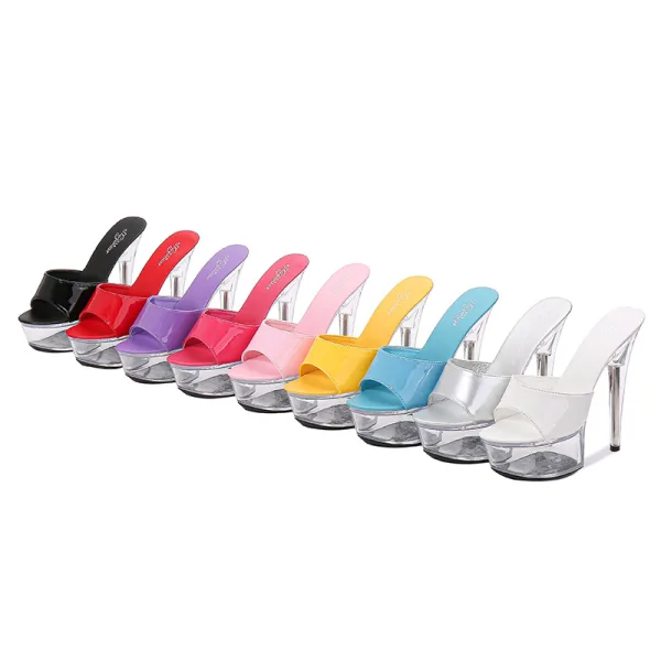 Sexy Black Rave Club Womens Sandals 2020 Patent Leather 15 cm Stiletto Heels Open / Peep Toe Sandals