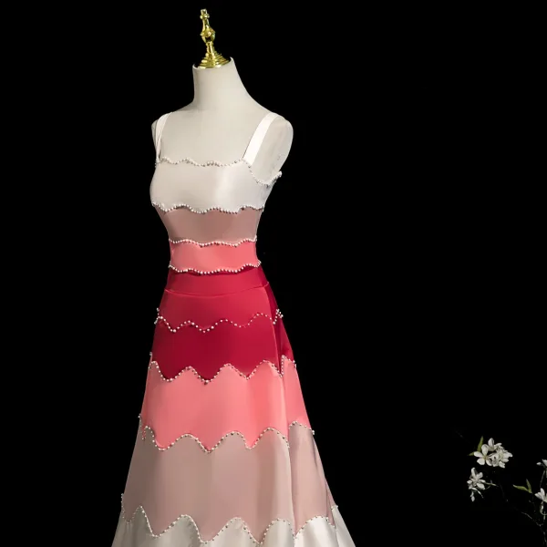 Fashion Multi-Colors Pearl Prom Dresses 2025 A-Line / Princess Spaghetti Straps Sleeveless Backless Sweep Train Formal Dresses