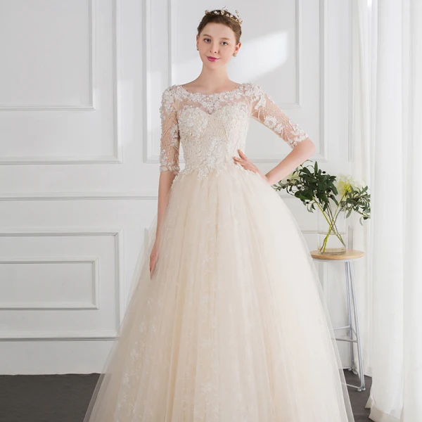 Mode Champagne Bröllopsklänningar 2018 Balklänning Beading Pärla Appliqués Urringning 1/2 ärm Långa Bröllop