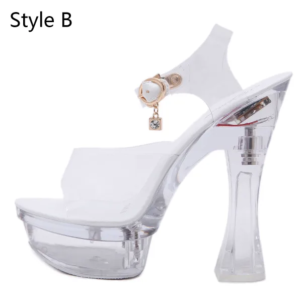 Transparent Sexy Blanche Voyage de noces Sandales Femme 2020 Bride Cheville 14 cm Talons Épais Peep Toes / Bout Ouvert Sandales