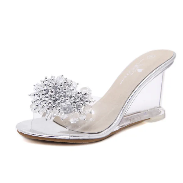 Chic / Beautiful Gold Casual Rhinestone Womens Sandals 2020 8 cm Wedges Open / Peep Toe Sandals