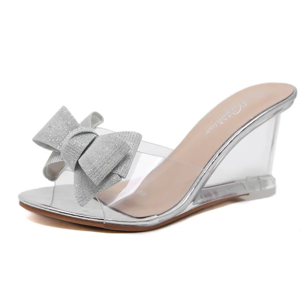 Sexy Silber Datierung Sandalen Damen 2020 Pailletten Schleife 8 cm Keilabsatz Peeptoes Sandaletten