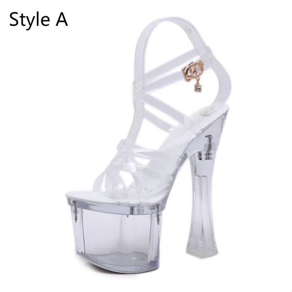 Sexy Blanche Club de carnaval Cristal Sandales Femme 2020 X-Strap 17 cm Talons Épais Peep Toes / Bout Ouvert Sandales