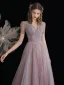 Luxury / Gorgeous Beading Sequins Lavender Evening Dresses  Prom Dresses 2021 A-Line / Princess Scoop Neck Short Sleeve Backless Floor-Length / Long Evening Party Formal Dresses