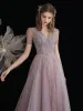 Luxury / Gorgeous Beading Sequins Lavender Evening Dresses  Prom Dresses 2021 A-Line / Princess Scoop Neck Short Sleeve Backless Floor-Length / Long Evening Party Formal Dresses