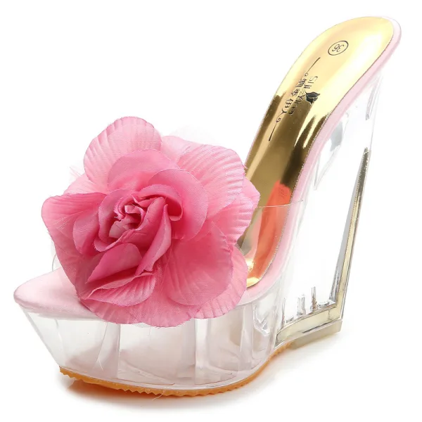 Chic / Belle Beige Été Jardin / Extérieur Cristal Sandales Femme 2020 Appliques 14 cm Compensées Peep Toes / Bout Ouvert Sandales
