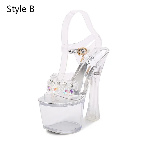 Sexy Transparent Argenté Club de carnaval Cristal Sandales Femme 2020 Bride Cheville Faux Diamant 17 cm Talons Épais Peep Toes / Bout Ouvert Sandales