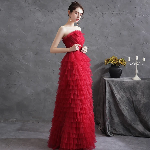 Sexy Red Pleated Evening Dresses  2021 A-Line / Princess Strapless Sleeveless Backless Evening Party Floor-Length / Long Formal Dresses
