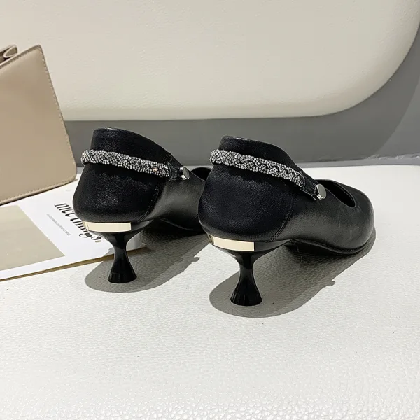 Charmig Svarta Gatukläder Pumps 2020 Läder Rhinestone 5 cm Stilettklackar Spetsiga Pumps