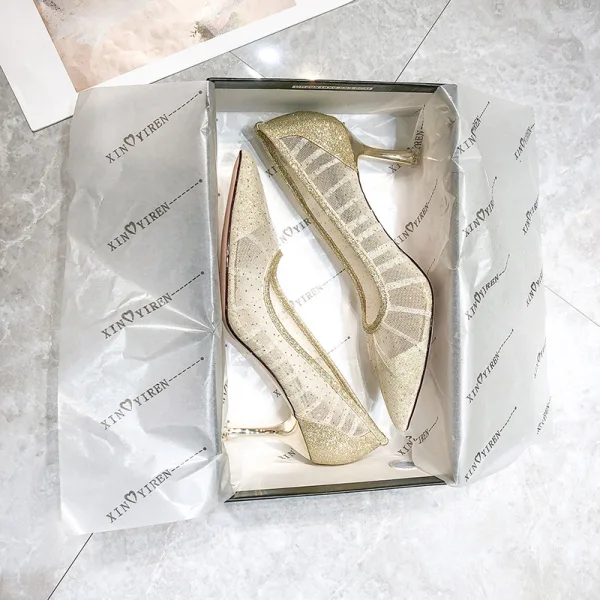 Charmant Argenté Soirée Escarpins 2020 Cuir Glitter Paillettes 7 cm Talons Aiguilles À Bout Pointu Escarpins