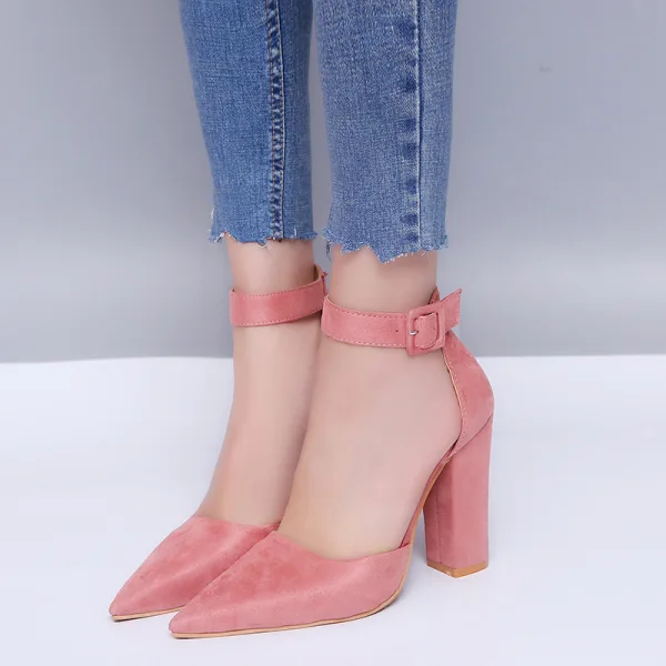 Prisvärd Brun Casual Sandaler Dam 2020 Ankelband 8 cm Tjocka Klackar Spetsiga Sandaler
