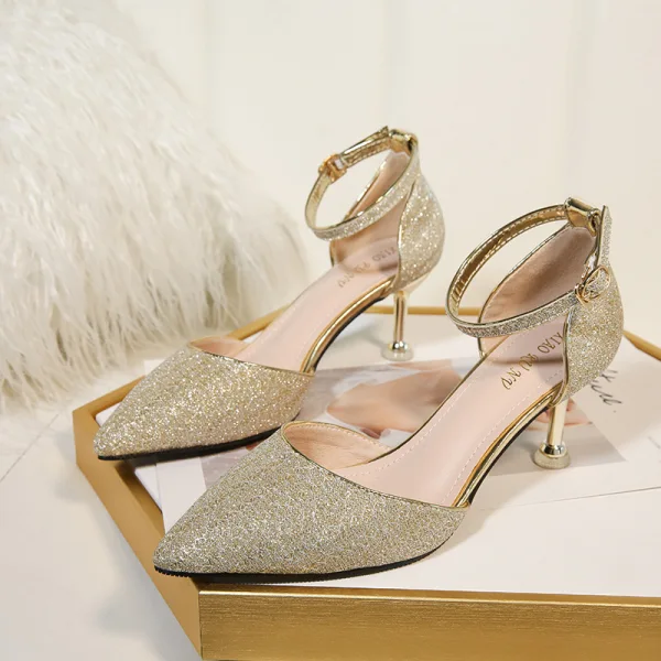 Fashion Gold Wedding Shoes 2020 Sequins Ankle Strap 6 cm Stiletto Heels Pointed Toe Wedding Heels