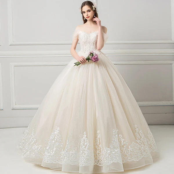 Elegant Champagne Wedding Dresses 2018 Ball Gown Lace Flower Beading Crystal Pearl Off-The-Shoulder Backless Sleeveless Floor-Length / Long Wedding
