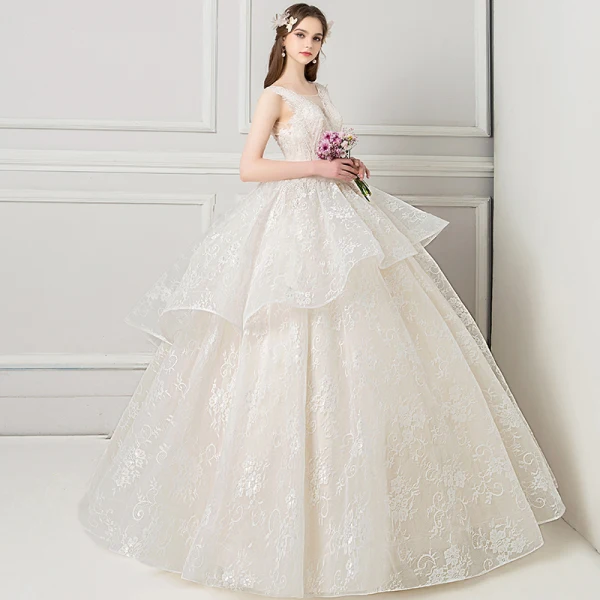 Elegant Champagne Wedding Dresses 2018 Ball Gown Beading Lace Flower V-Neck Backless Sleeveless Floor-Length / Long Wedding