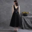 Chic / Beautiful Black Satin Homecoming Graduation Dresses 2021 A-Line / Princess Scoop Neck Rhinestone Sash Sleeveless Backless Bow Tea-length Formal Dresses