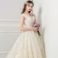 Elegant Champagne Wedding Dresses 2018 Ball Gown Lace Flower Pearl V-Neck Backless Cap Sleeves Chapel Train Wedding