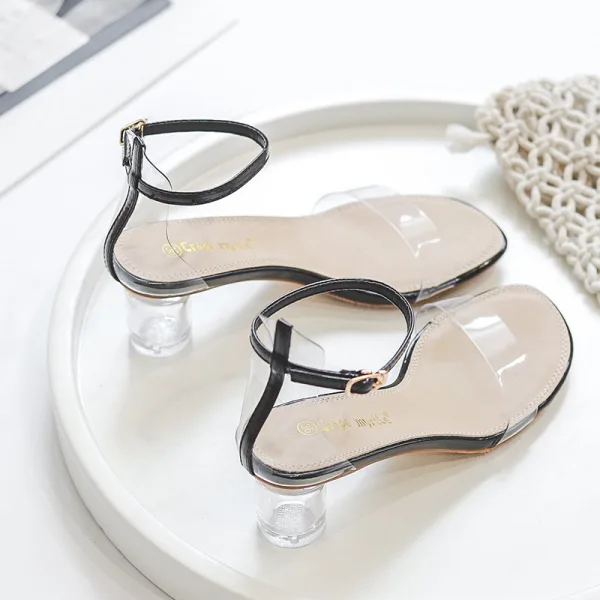 Transparent Schwarz Freizeit Sandalen Damen 2020 Knöchelriemen 7 cm Thick Heels Peeptoes Sandaletten