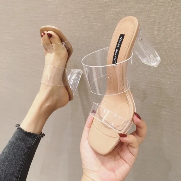 Transparent Beige Street Wear Womens Sandals 2020 9 cm Thick Heels Open / Peep Toe Sandals