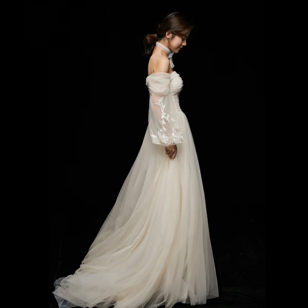 Modest / Simple Champagne Wedding Dresses 2018 A-Line / Princess Lace Off-The-Shoulder Backless 3/4 Sleeve Court Train Wedding