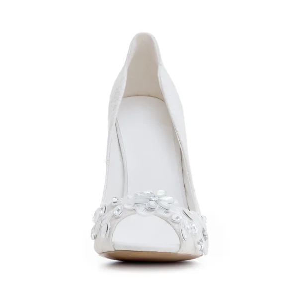 Charming White Wedding Shoes 2020 Rhinestone Lace Flower 12 cm Stiletto Heels Open / Peep Toe Wedding Pumps