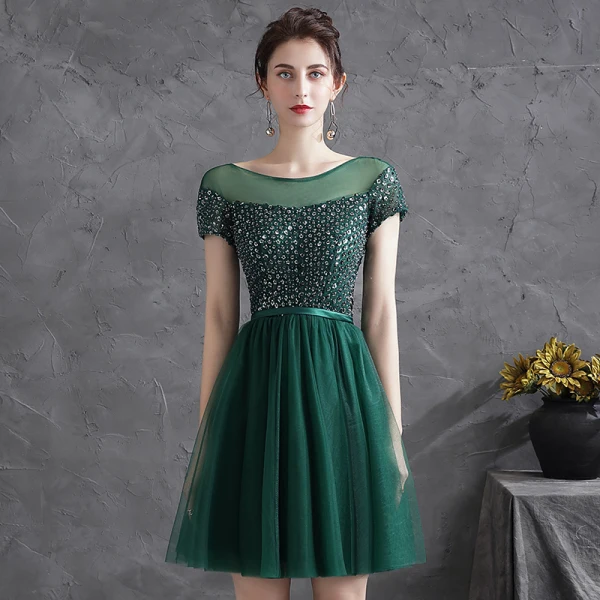 Chic / Belle Vert Foncé Robe De Fete Robe De Cocktail 2021 Princesse Encolure Dégagée Paillettes Ceinture Manches Courtes Dos Nu Courte Cocktail Robe De Ceremonie