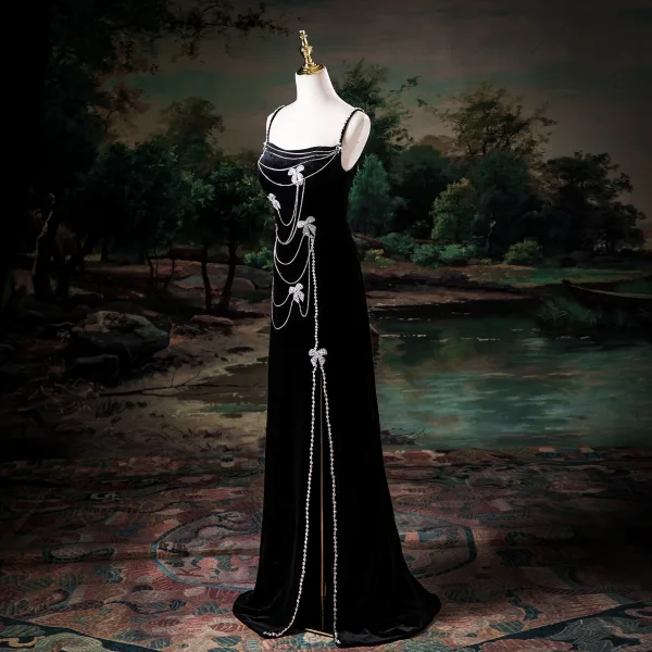 Sexy Noire Faux Diamant Noeud Fendue devant Robe De Soirée 2025 Princesse Bretelles Spaghetti Sans Manches Dos Nu Longue Soirée Robe De Ceremonie