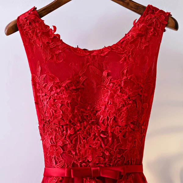 Chic / Beautiful Red Formal Dresses Evening Dresses  2017 Lace Flower Bow Artificial Flowers Zipper Up Scoop Neck Sleeveless Tea-length A-Line / Princess