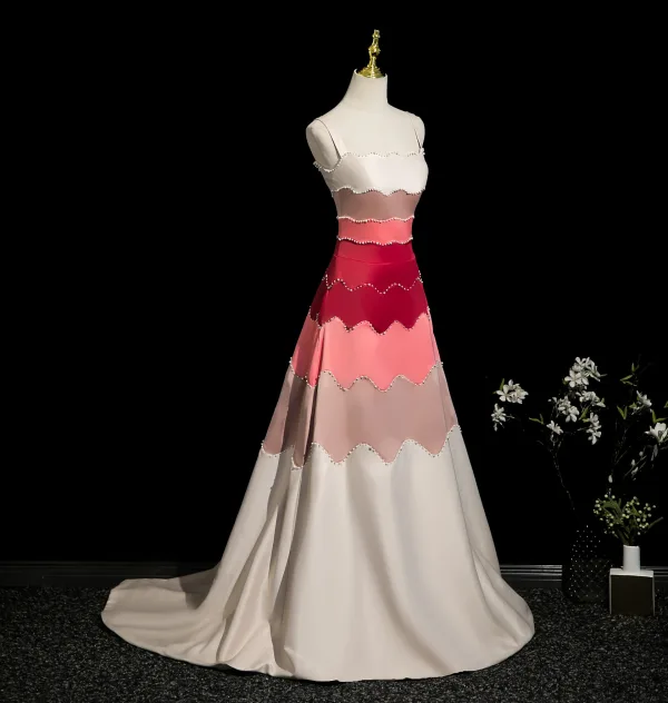 Fashion Multi-Colors Pearl Prom Dresses 2025 A-Line / Princess Spaghetti Straps Sleeveless Backless Sweep Train Formal Dresses
