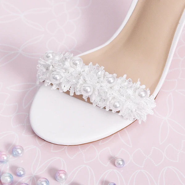 Sexy Blanche Jardin / Extérieur Sandales Femme 2020 Perle En Dentelle Fleur Bride Cheville 9 cm Talons Aiguilles Peep Toes / Bout Ouvert Sandales