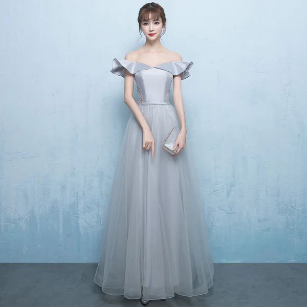 Elegant Grey Prom Dresses 2018 A-Line / Princess Off-The-Shoulder Short Sleeve Beading Sash Floor-Length / Long Ruffle Backless Formal Dresses