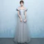 Elegant Grey Prom Dresses 2018 A-Line / Princess Off-The-Shoulder Short Sleeve Beading Sash Floor-Length / Long Ruffle Backless Formal Dresses